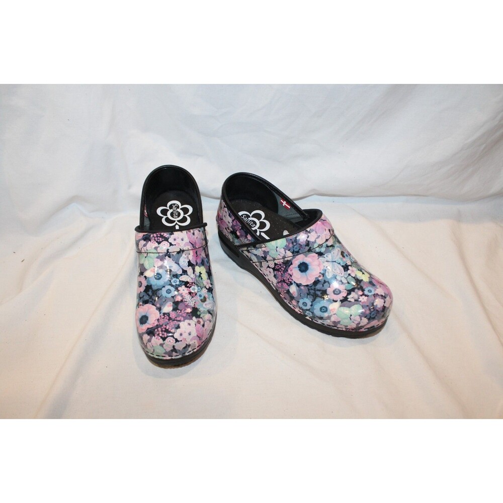 SANITA PATENT LEATHER SLIP ON FLORAL CLOGS PINK BLUE PURPLE BLACK SZ EU 38 - Picture 7 of 8